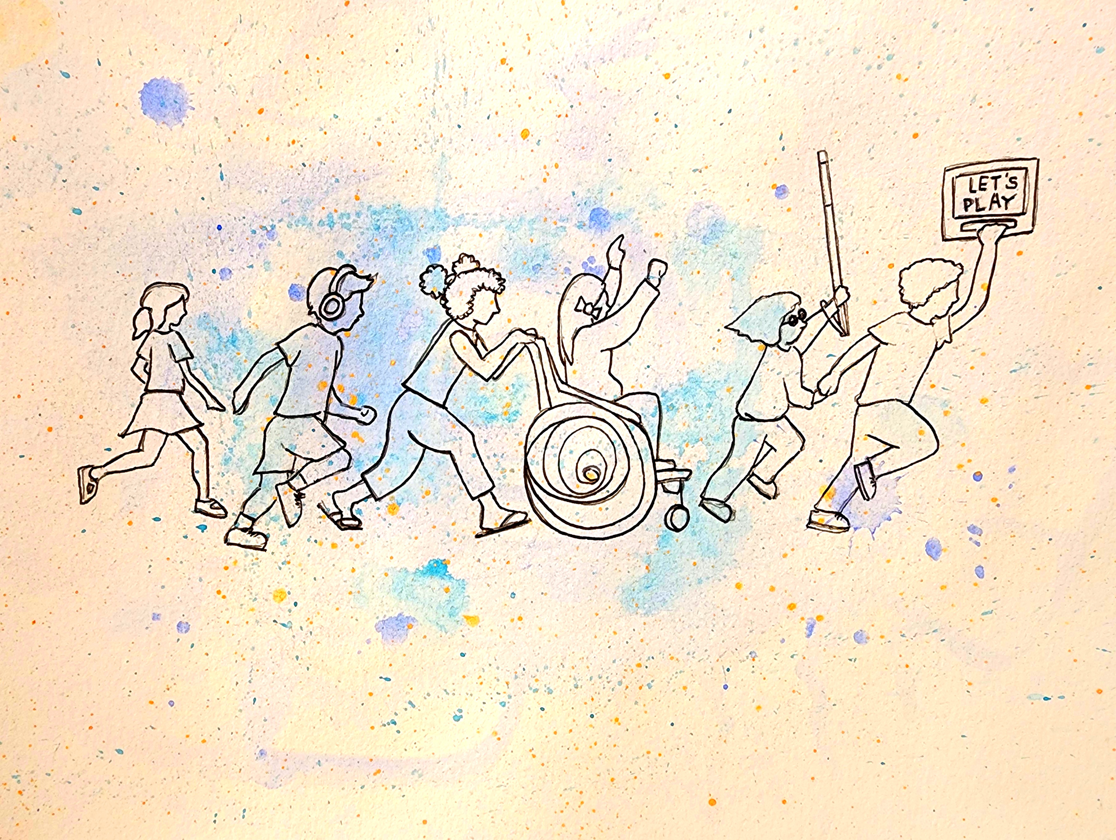 A chaotic watercolor background in shades of turquoise, cobalt blue, and flecks of peach highlights a black line drawing of six children going to play. The first child, ostensibly a boy with curly hair, pants, and a short-sleeved shirt, carries an augmentative and alternative communication (AAC) device that says “LET’S PLAY.” He leads a child with dark glasses, a white cane, a long-sleeved shirt, long pants, and no discernible gender by the hand.  Behind them, a feminine-presenting child with a bow in her h