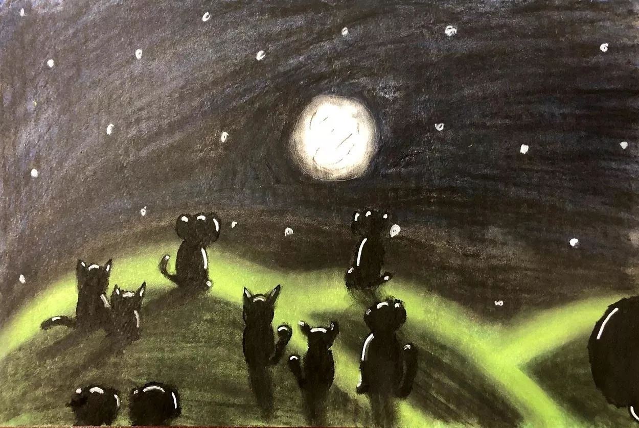 Artwork of my best friends all have cats and dogs. In this picture they all sit together on the mountain, looking up at the moon.