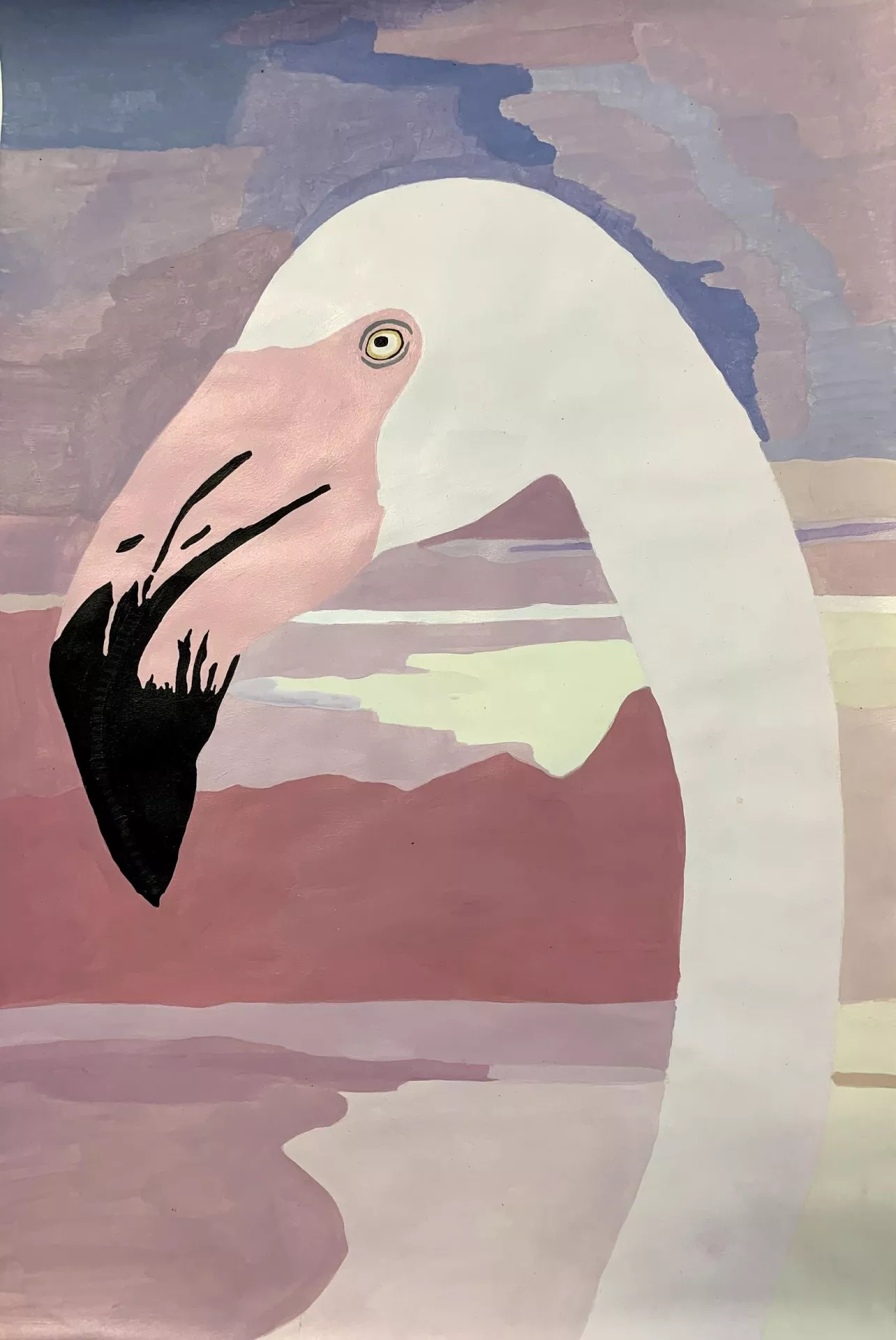 The head and winding neck of the bird fills the foreground and center of the page. The cool palette of pinks, purples, and whites alludes to the time of day when it is cool. The background becomes abstract as the sky and water reflect and become one.