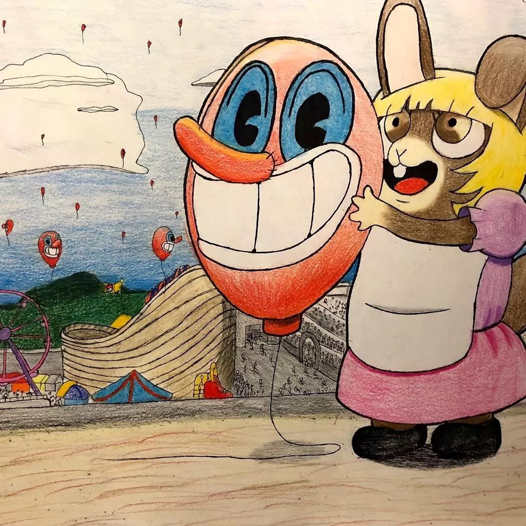 A large brown rabbit in a pink dress with blonde hair holding a smiling balloon. The character is wide-eyed as if ready to let go of the clown-like balloon. The background shows a landscape with a circus in the valley below, with tiny smiling balloons dotting the sky. This beautifully hand-drawn scene shows the artist’s skill in shading with colored pencil and outlining sharp contour with an ink pen.