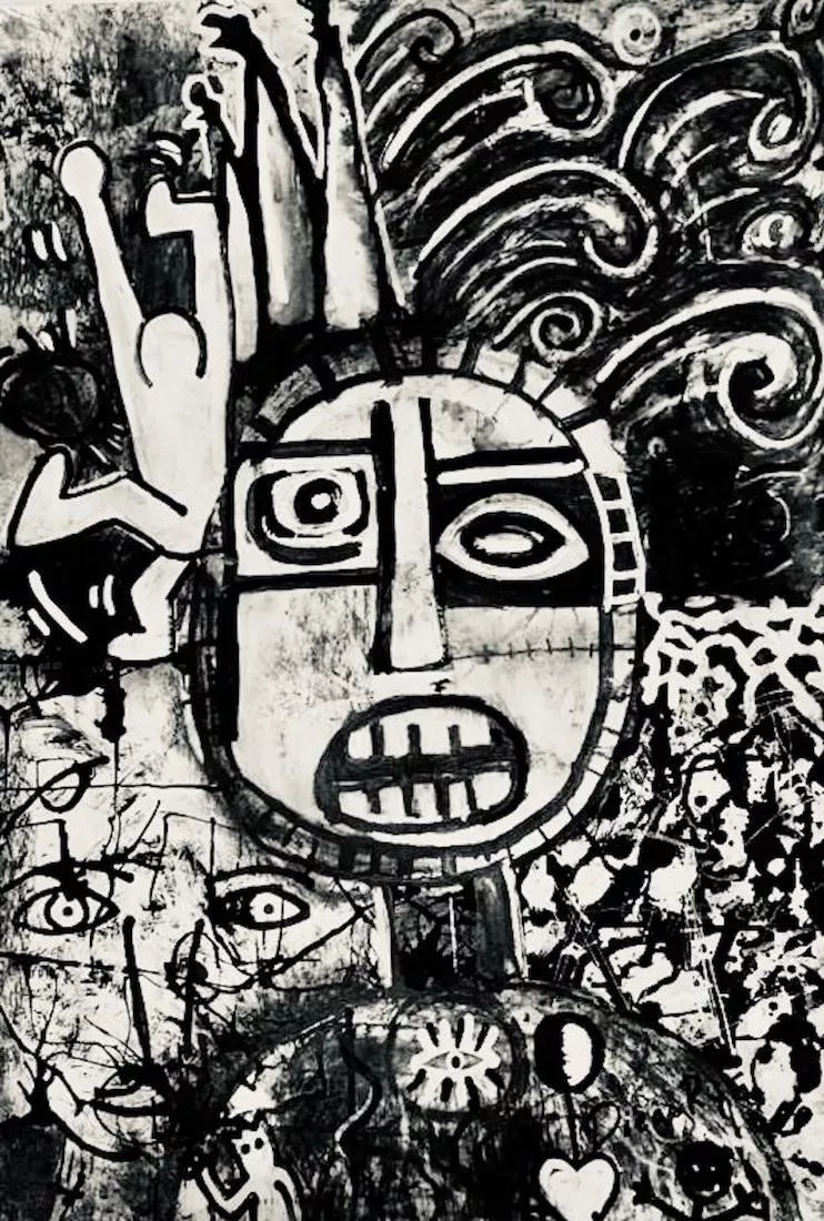 Abstract and simplified geometric forms capture the portrait of a strong tooth-bearing face, right behind their shoulder a hidden face looks out.  Spikes and curls and human figures can be found in the image.