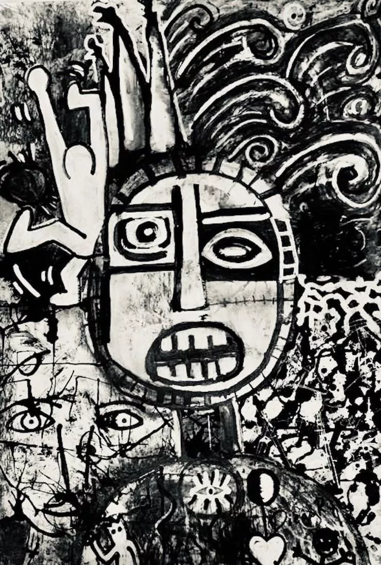 Abstract and simplified geometric forms capture the portrait of a strong tooth-bearing face, right behind their shoulder a hidden face looks out. Spikes and curls and human figures can be found in the image.