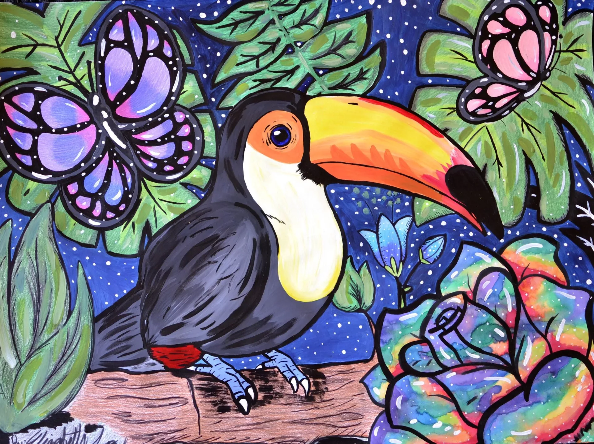 A brightly painted larger-than-life Toucan is the emphasis of this piece. It sits perched on a log surrounded by foliage, flowers, butterflies, and a night sky full of stars. Elizabeth used watercolors to blend vibrant hues, using a brush to add highlights and lowlights and colored pencils to layer color and texture onto these natural forms.