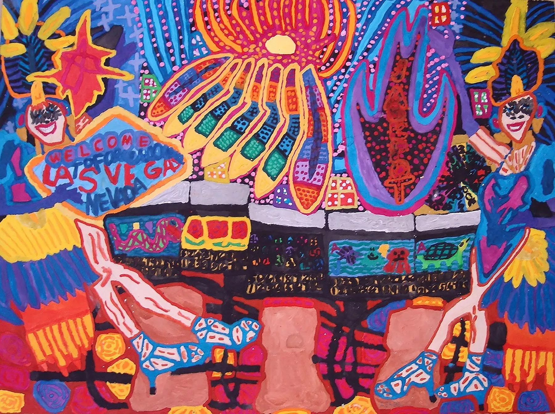 All the bright colors of Vegas, such as purple, red, green, and yellow, are used from corner to corner in this painting. Isabel presents a variety of lights and the iconic Las Vegas neon welcome sign. Casino games of all kinds are seen in the background and all is flanked on right and left sides by two dancers in costume.