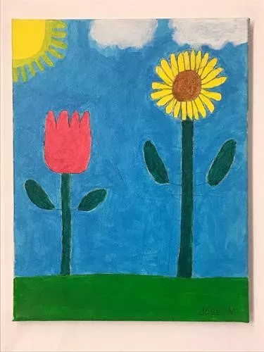 A single pink tulip and sunflower stand on a green horizon line against a soft blue sky.  They are evenly spaced apart with two leaves on either side of their single stems.  In the upper left corner, there is a sun.  To the right, there are two small clouds.