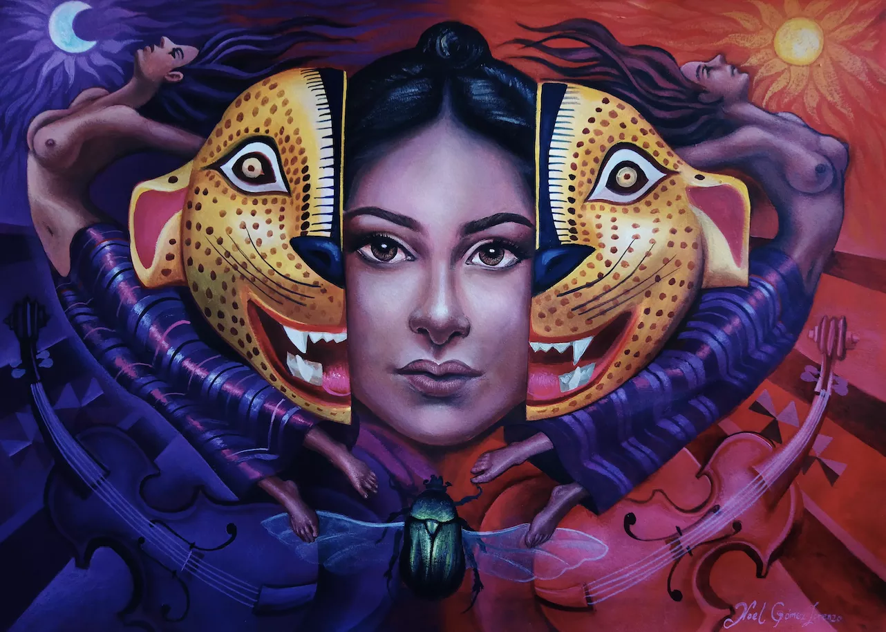 A light-skinned Latina woman’s face is being revealed as a yellow jaguar mask parts in the middle framed violins and by bare-chested female figures in long skirts in a variety of purple shades. A green beetle with wings extended hovers in flight below the woman’s face. The left side of the work depicts the night with the white crescent moon, dark blues, and purples. The right side depicts the day with a yellow sun and reds and pinks.