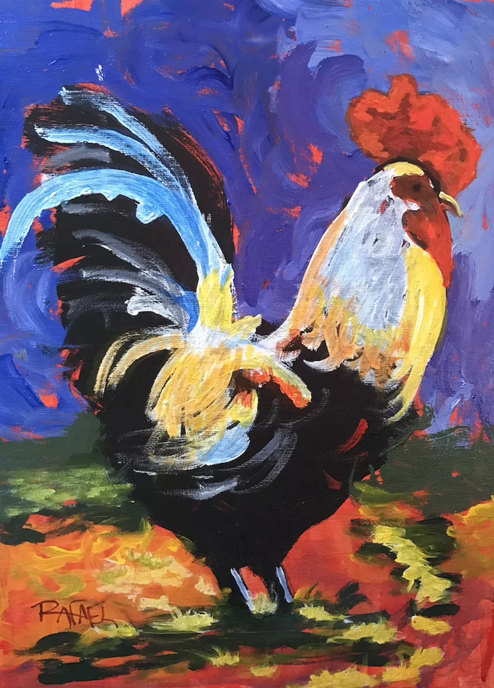 A profile of a proud black and white rooster staring at the rising sun. The sky is transitioning from dark blues and purples to light blue.
