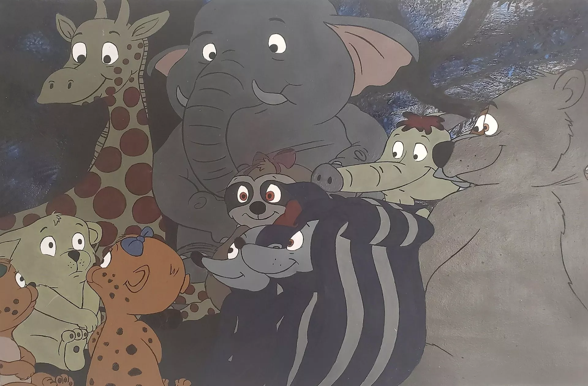 An inspired reimagining from an episode of the radio show “Louis Lion” in which various animals gather at night around Louis the lion as he tells a story. The whites of the animal’s eyes are wide-eyed as they listen to the story.