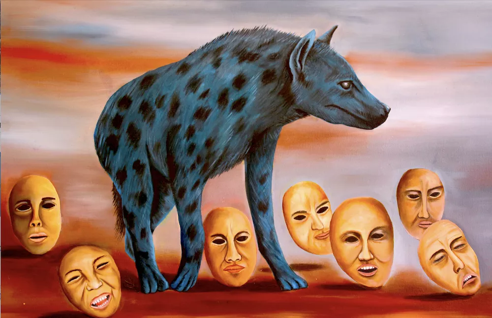 A profile of a blue hyena with black spots stands on a red ground. At the hyena’s feet, there are faces like masks looking forward.
