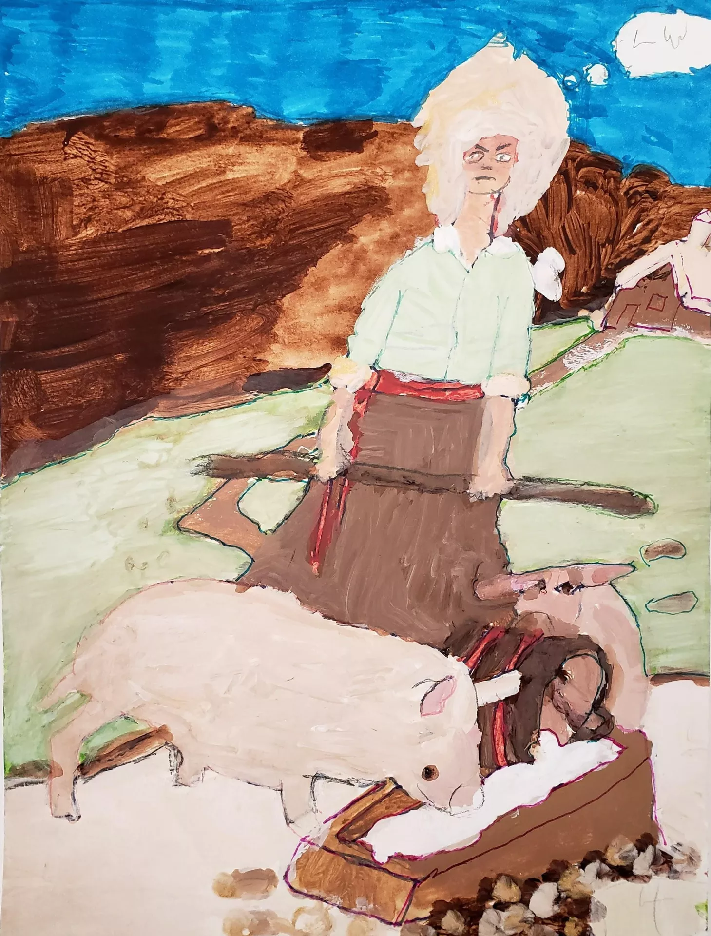 Terra uses fluid movement in her painting with the masterful use of contrasting accents. This is an image of a woman feeding the pigs on her farm. She is wearing a white blouse and a brown skirt. The pig is eating from a trough. This is an artwork from Her "Pig Book."
