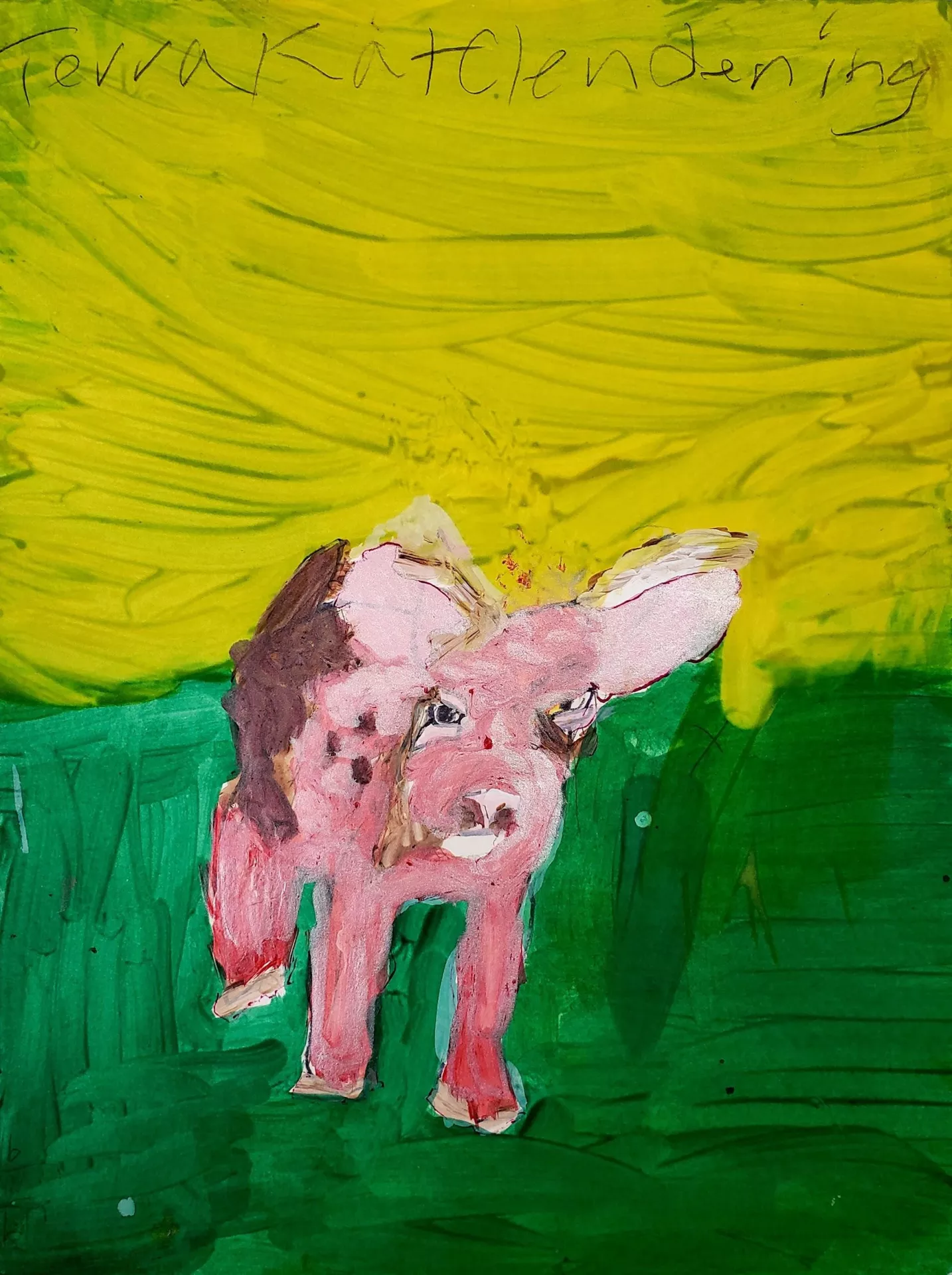 Terra used analogous colors of green and yellow with accent colors of pink and red. This image depicts a piglet alone in a landscape. This is an image from her "Pig Book."