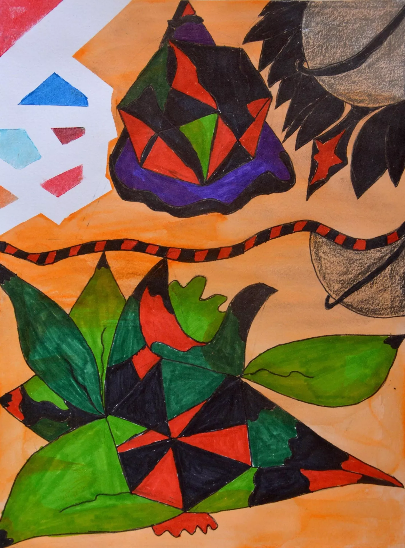 Tonmoy presents a symbolic journey through our natural world and space, with the meandering red and black centerline marking our path. On either side of the path are large green leaves with orange and black flowers.