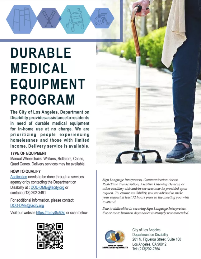 Durable Medical Equipment Program flyer that shares information about the program, which DME devices are available, a QR code that redirects users to this webpage, and the contact information for the program.