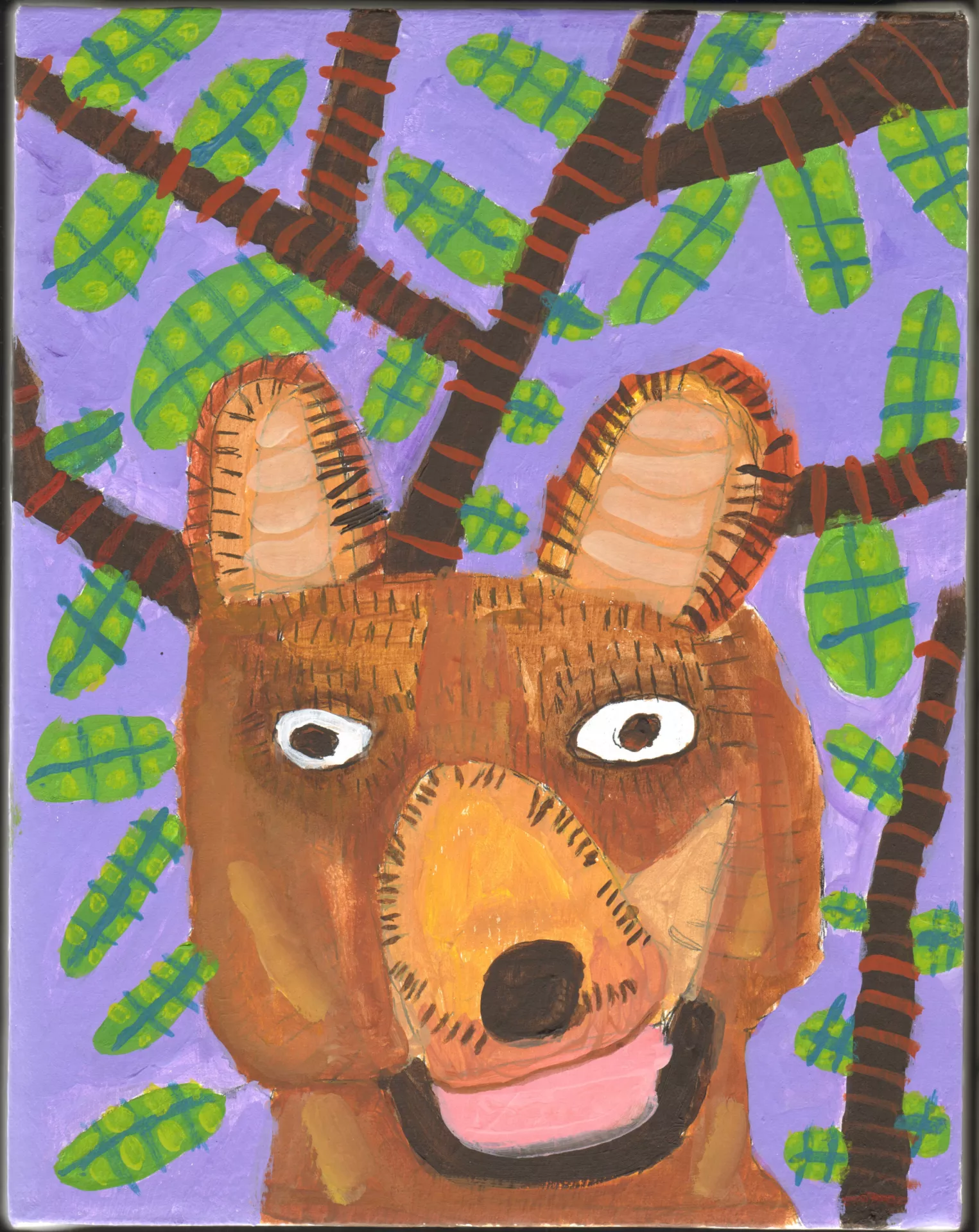 Robert Kawough Bear with the Trees, 2022 The smiling face of a brown bear surrounded by leafy tree branches, all against a purple background.  Acrylic on canvas, 11" x 14"