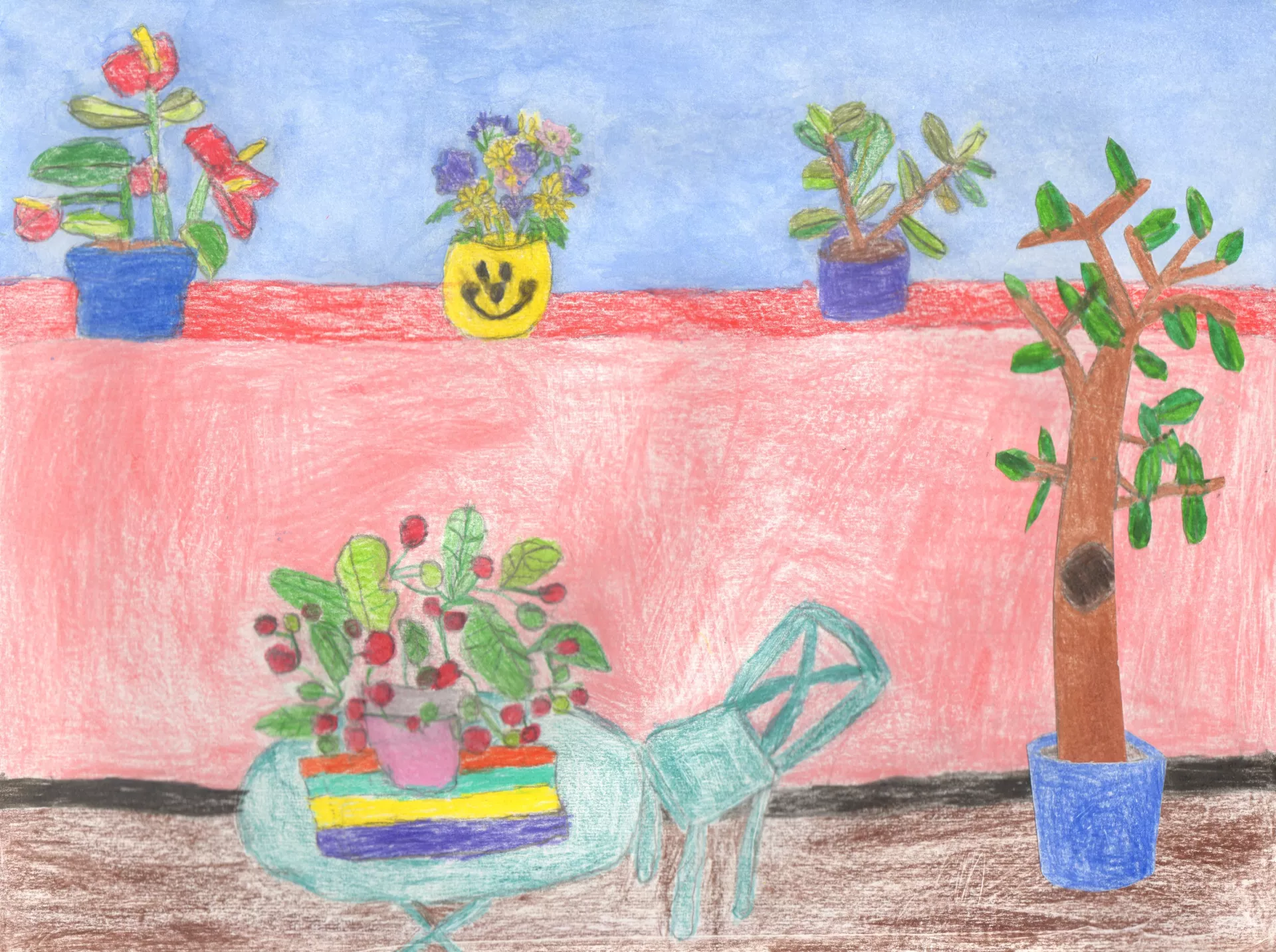 Elisa Jerugim Cherry Tomatoes on my Balcony, 2022 A small table and chair on a pink patio surrounded by plants.  Mixed media on paper, 9" x 12"