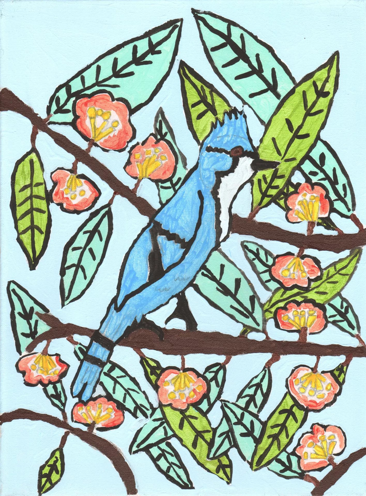 Jennifer Blaauw Blue Jay in the Summertime A blue jay perched on a tree branch and surrounded by green leaves and pink flowers.  Acrylic on canvas, 12" x 16"