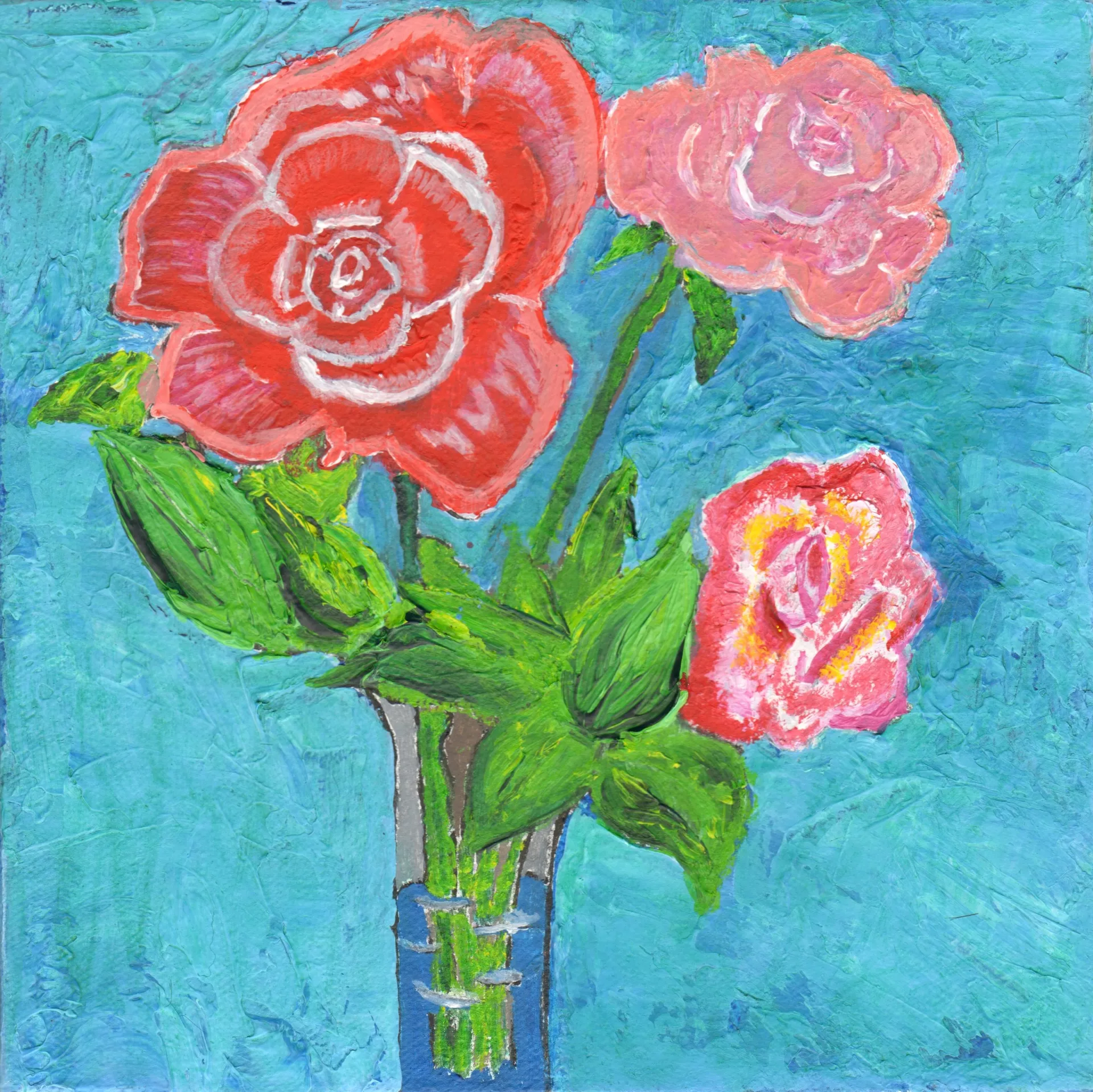 Kris Lee Three of a Kind, 2022 Three pink roses in a vase against a blue background.  Acrylic on canvas, 8" x 8"