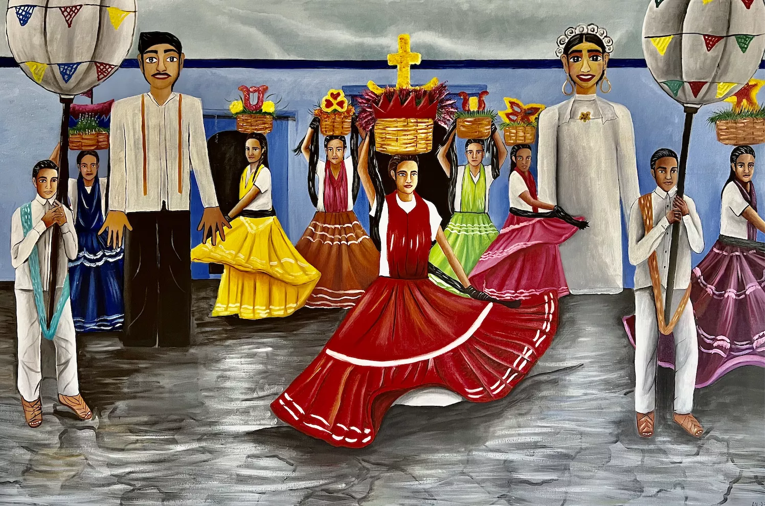 Angel Pacheco Soriano Calinda Oaxaquena (Oaxacan Folk Dance), 2022 Oils on canvas The piece depicts the traditions and culture of Oaxaca, Mexico. Women dance in formation with baskets on their heads. Men hold paper lanterns. Giant paperpermachie puppets in the shape of a man and a woman are upright amongst the dancers.Oils on canvas