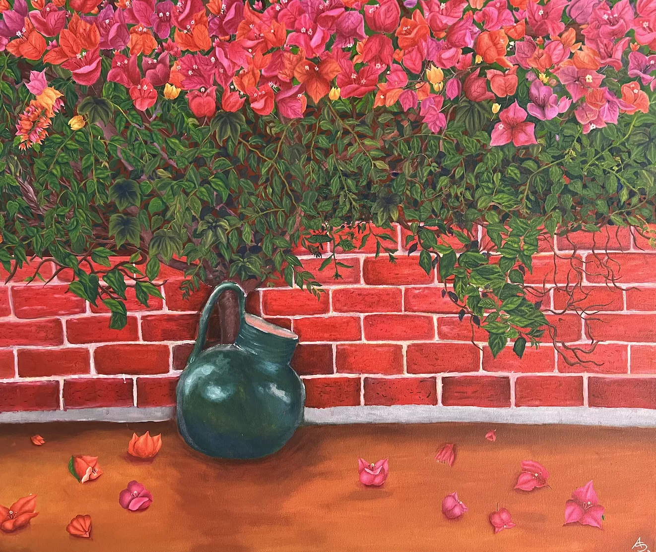 Angel Sebastian Lopez C Las Bugambilia de Primavera (Springtime Bugambilias), 2022 Oils on canvas. 50”x60” The artist's inaugural piece is a dark green rounded ceramic pitcher which sits on the dirt ground where there are scattered blooms in front of a bugambilia trunk. Above a low red brick wall the trunk leads to a layer of lush foliage topped with dark pink blooms.