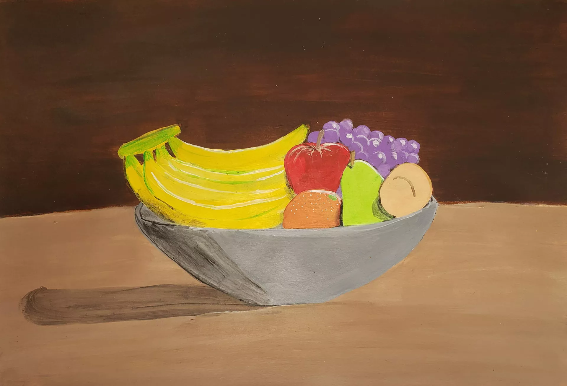 Angel Rodriguez Fruit Bowl, 2018 This still life painting features various fruit in a bowl. The objects have been painted in a way that is simplified, representational, and elegant. The colorful fruit stands out against the gray bowl and the light and dark browns of the background. Acrylic on paper, 12” x 18”