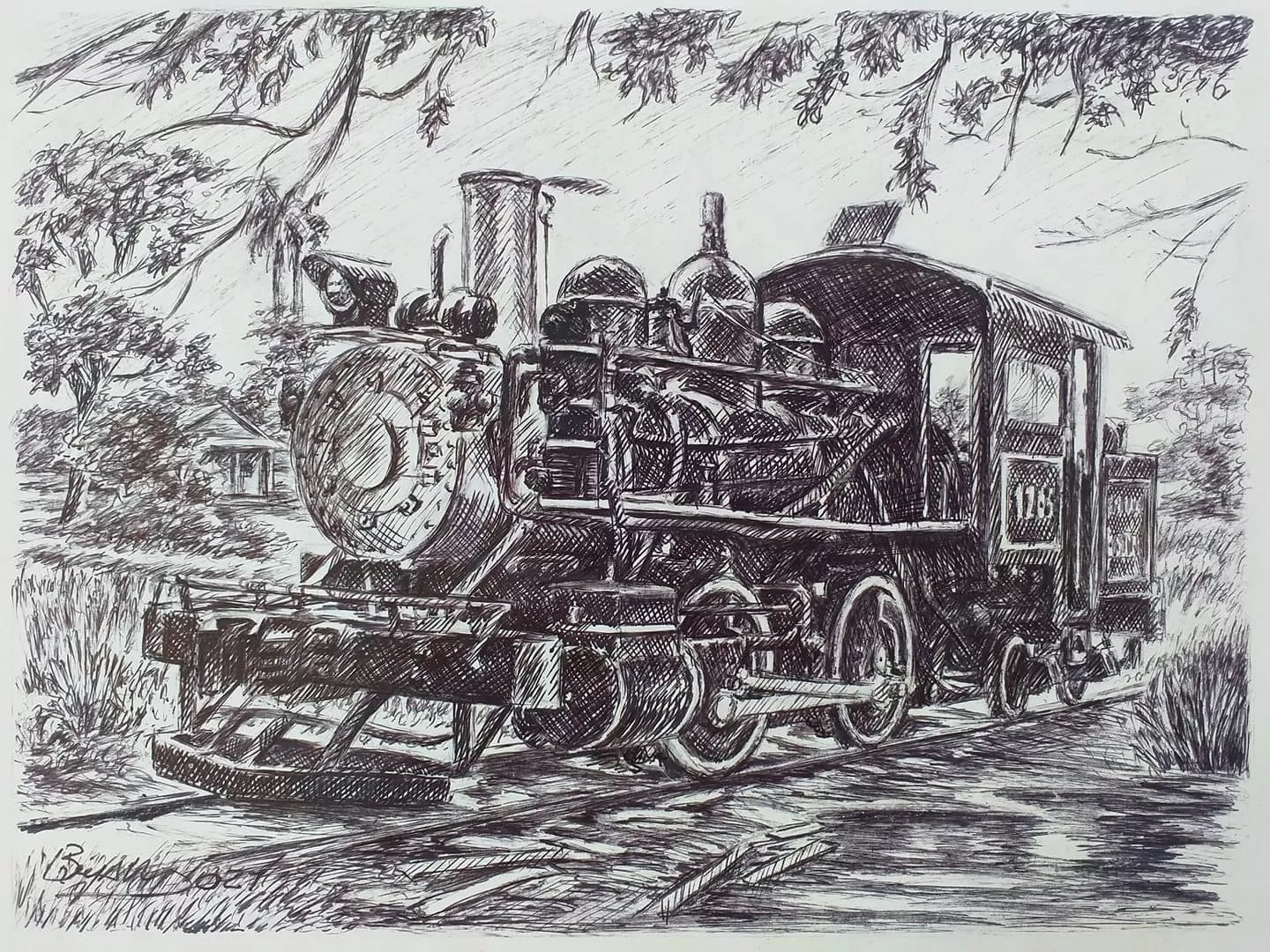 Bryan Estevez Train Collection, 2022 Drafting and pencil A black and white pencil drawing of a detailed steam engine train. The artist describes the work as an expression of his passion for trains and life.