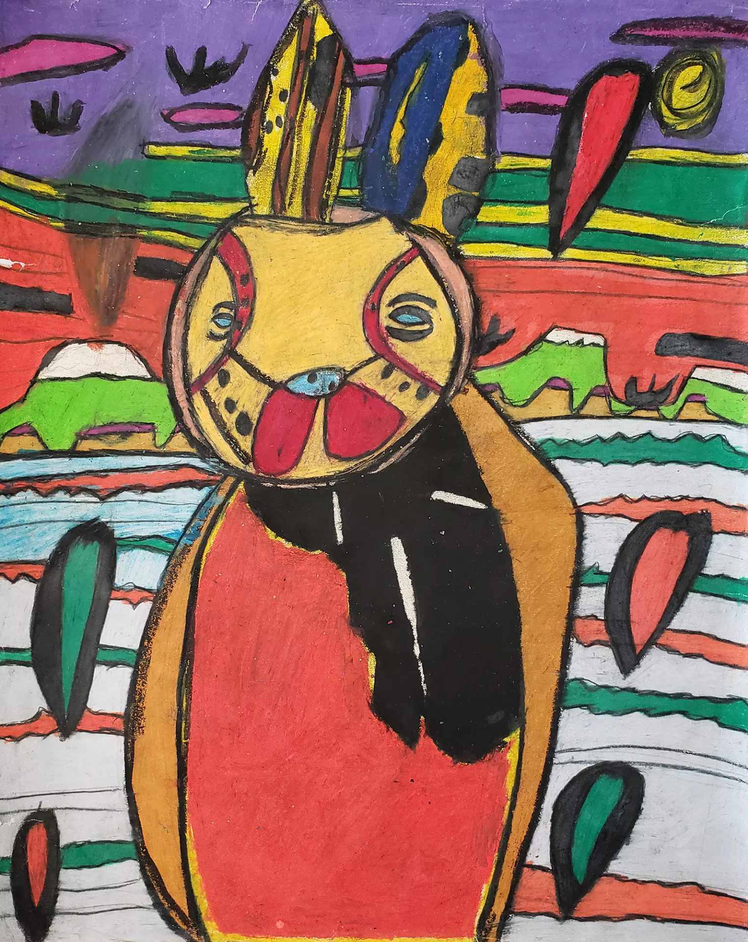 Chelsea Lenninger Creation of Stars, 2020 This is a stylized art piece featuring a figure that looks like a rabbit. The creature stands facing the viewer colored red and orange. It has a calm expression and blue eyes. The creature stands in a rural background with blue and red heart shapes floating around it. Mixed media on paper, 18” x 14”