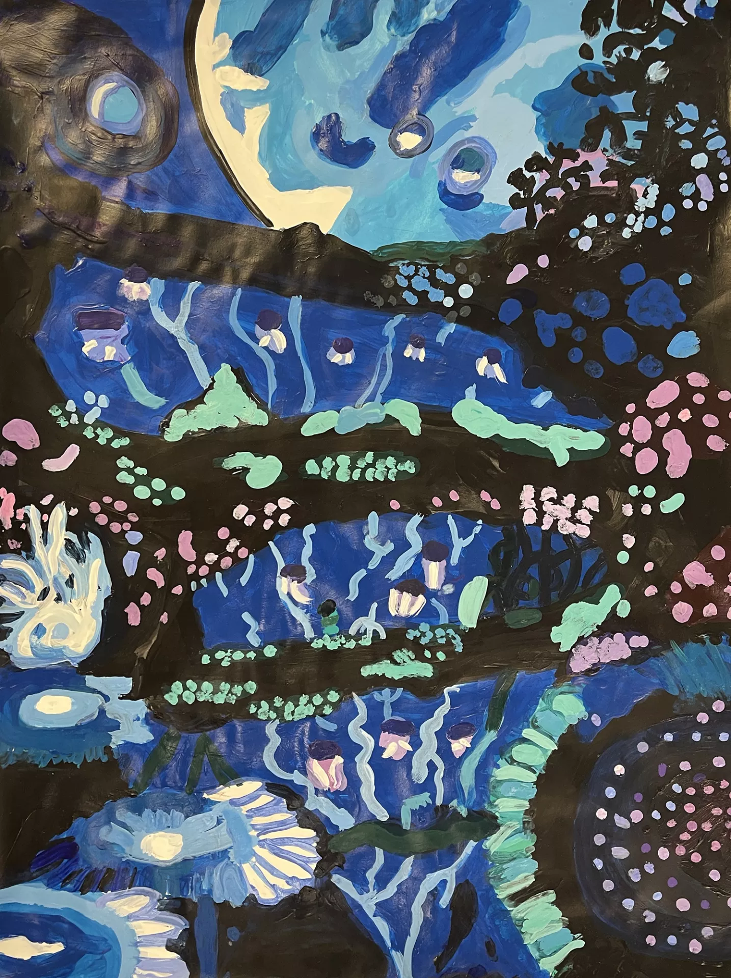 Chloe Isiah Sacred Tree of the Nighttime, 2020 This is a painting done primarily in blues and black. It shows a night scene of watery pools and flowers with a big moon in the sky. The picture has a flattened perspective and depicts everything up close, including the craters on the moon, the reflections in the water, the petals of the flowers, and details of pink and green. Acrylic on paper, 24” x 18”