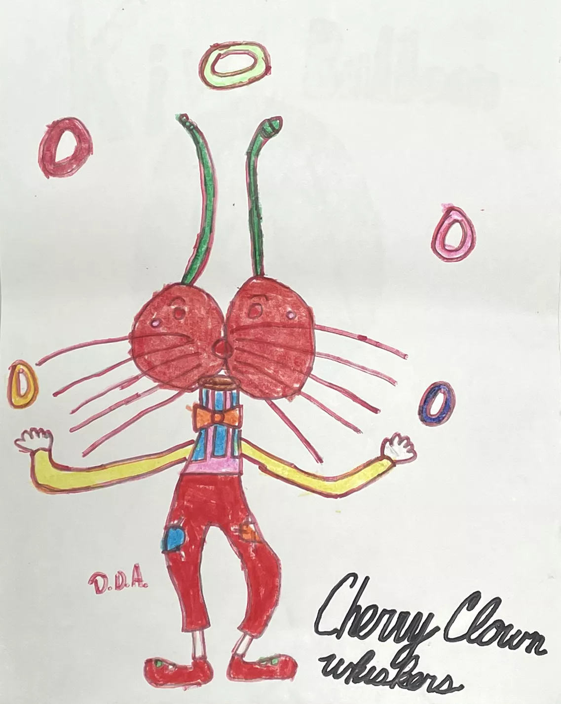 Darran Daughty Cherry Clown Whiskers, 2021 Sketchbook drawing of a clown with two cherries making their head and long whiskers from their cheeks. The drawing includes the text Cherry Clown Whiskers.  Marker and colored pencil on paper, 14” x 11”