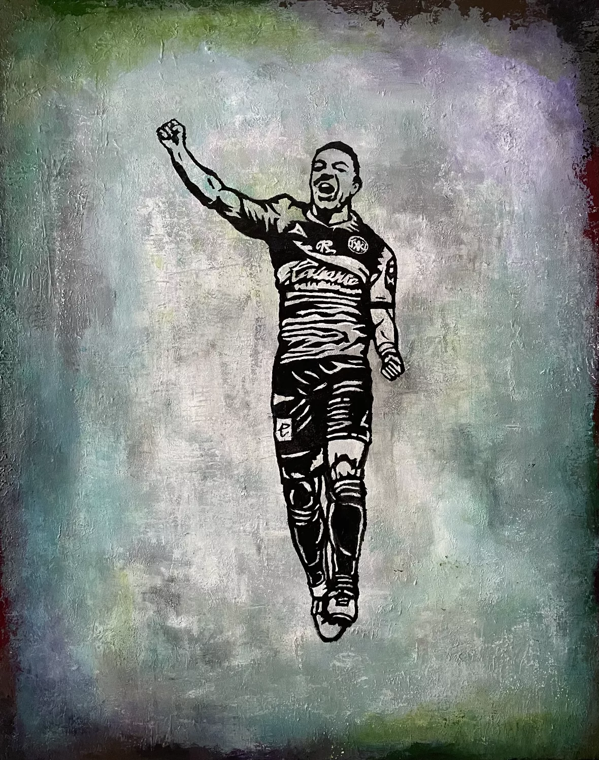 Diego Romero y Garcia Diegos, 2022 Acrylics on canvas A triumphant athlete painted in black and white with his fist in the air runs forward in celebration. The background is a textured gray and blue-green that frames the male figure.