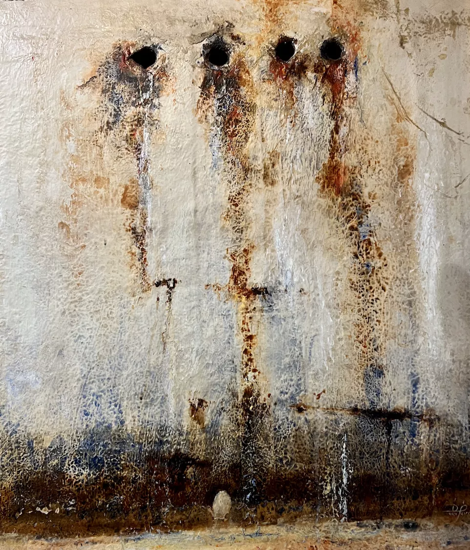 Dory Perdomo Celeste Sumergido, (Submerged Heaven) 2019 Metal and other mixed media The artist describes the piece as recycling as new life. A white textured wall with four black holes at the top and a thick dark rusted brown bottom edge. From the holes rusty stains run down the wall.