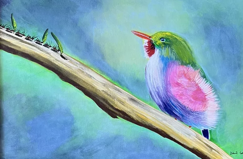Gabriel Cortez Gutierrez Payaso (Clown), 2022 Painted by mouth, Oil on canvas. The artist describes the piece as a representation of brotherhood and friendship. A softly feathered bird with a green head, orange beak, pink wings and blue body is perched on a branch. It faces a marching line of ants carrying bits of greenery.
