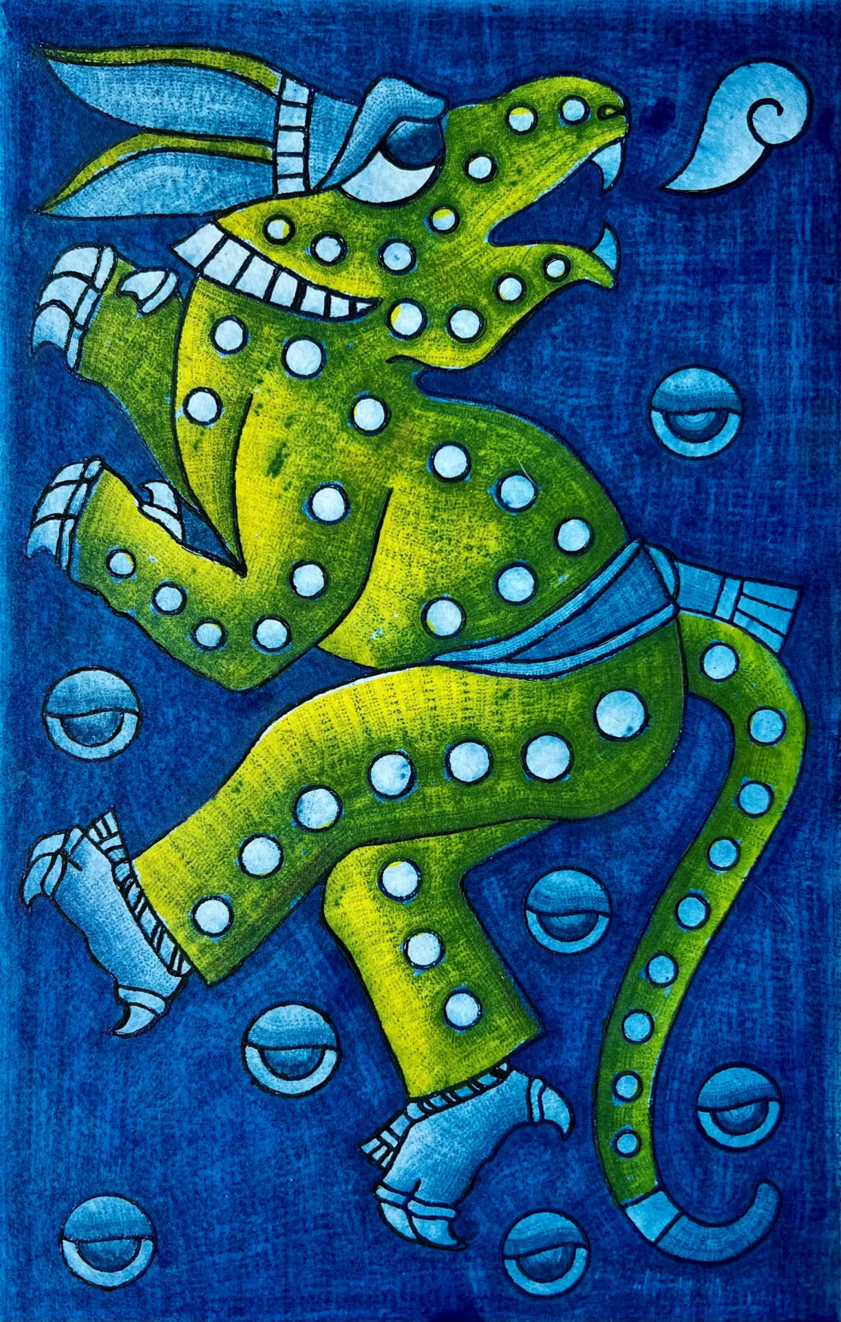 Maestro Reyes Gomez Jaguar con Estrellas (Jaguar with Stars), 2012  Ink and Mixed on cotton paper.  This is the first piece of a larger collection called Dancers. An elongated green and yellow tailed figure with clawed paws dances in profile.It wears a feathered crown as a stylized breath puffs from its fanged mouth. Light blue orbs float in the dark blue background.