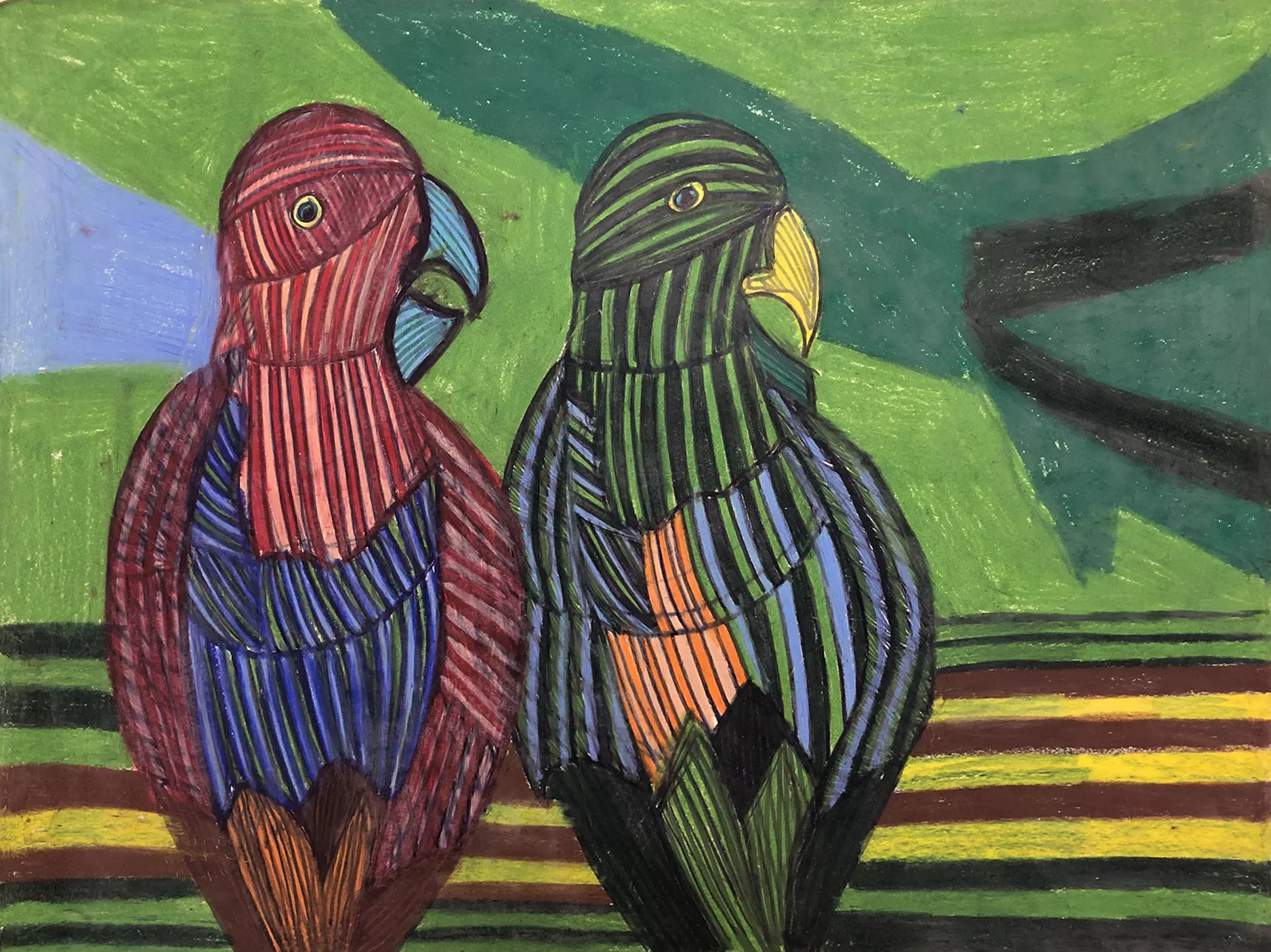 Jonathan Jackson Birds, 2019 This image features two birds sitting side by side. Their heads are turned in profile and their bodies are indicated in sections of striped bands and various colors, including oranges, reds, blues and greens. Against the broad shapes of the background the birds make a striking impression. Colored pencil and marker on paper, 18” x 24”