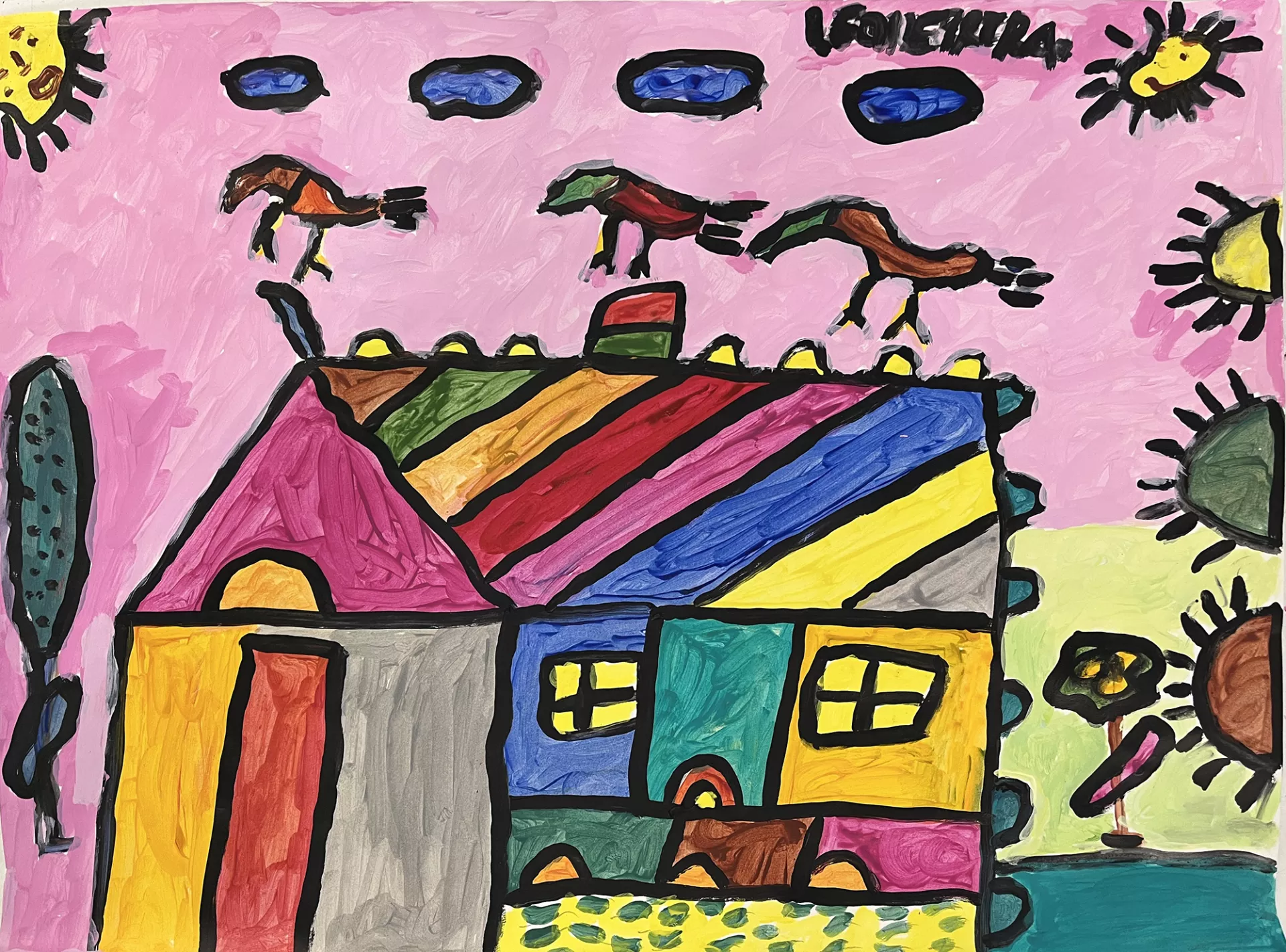 Leo Herrera Untitled, 2022 A colorful house is presented in this painting. The roof is a rainbow of diagonal bands, the walls a patchwork of hues. Around the house in a pink sky there are four blue clouds, three curling birds, two radiating suns with faces, and a big flower. Acrylic on paper. 18” x 24”