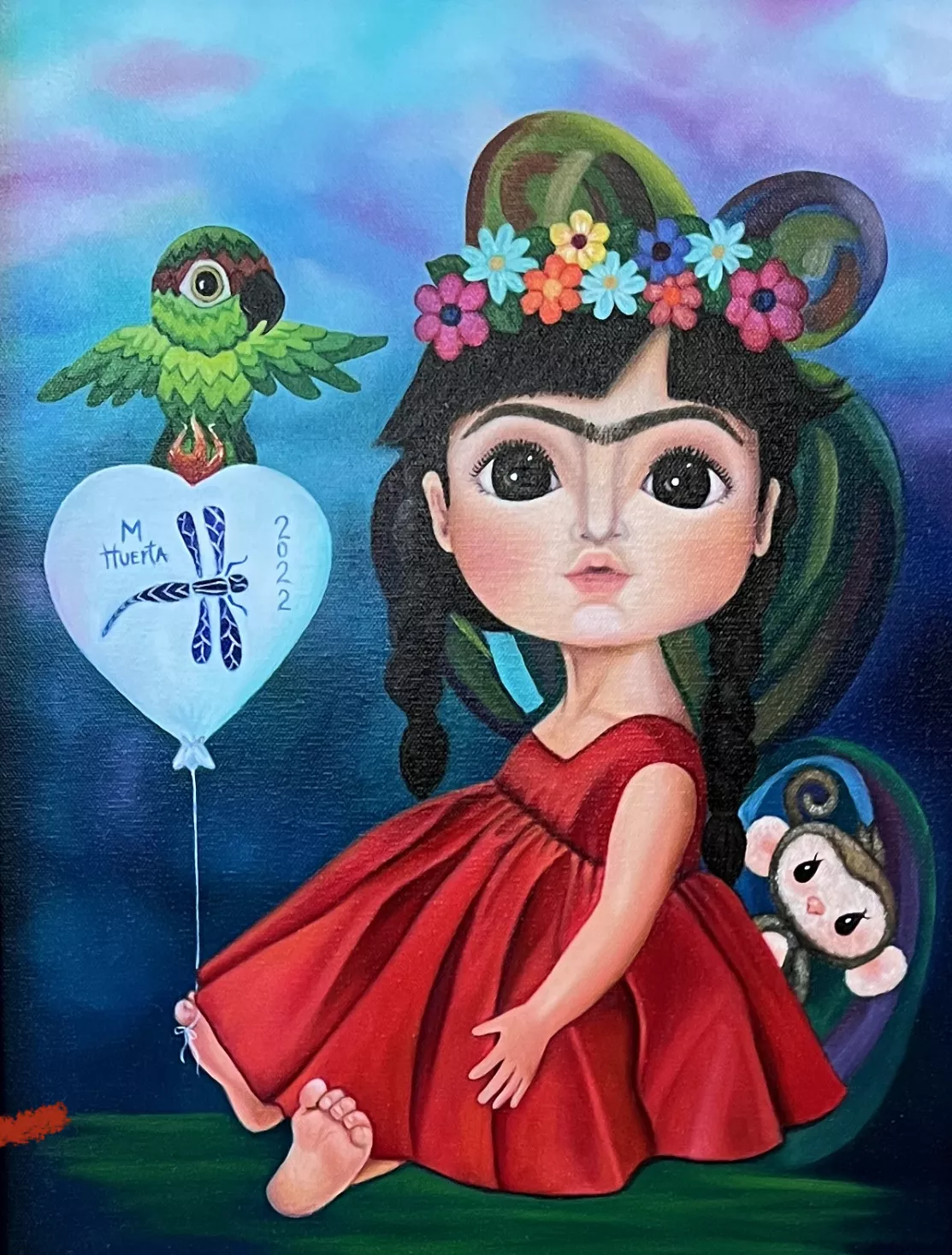 Maru Huerta Pies, Para Que Los Quiero, Si Tengo Alas Para Volar (Why Would I Want Feet When I Have Wings To Fly), 2022 Oils on canvas. 14”x20” The artist describes the piece as representing a woman’s pride and love for her family. On an ombre blue sky with soft pink clouds sits a barefoot and wide eyed girl with a unibrow. She wears a red dress, a crown of flowers, and her hair hanging in two braids. A small monkey peeks from behind her. A green bird flutters its wings while standing on a heart shaped bal