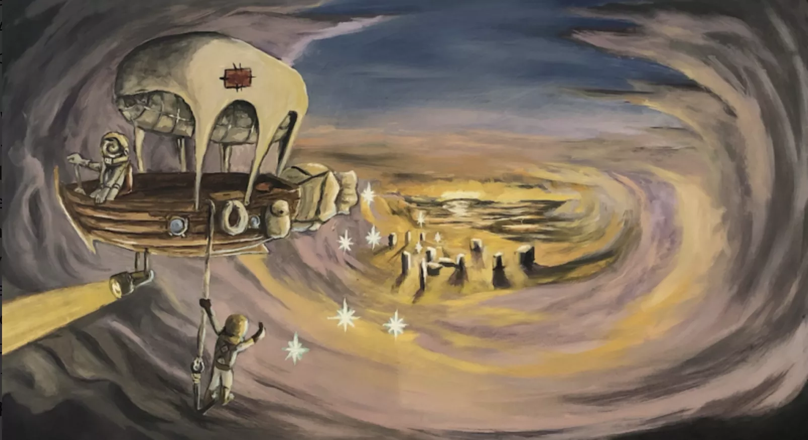 Michael Unsinger. Title of work: My Magical World: Year: 2022. Medium and size: Oils and Acrylics on Board. Description of the piece: Artist bio: My artwork is a personification of mental health and the human condition with characters that are allegories for different states of mind. The surreal scenes I paint describe how my every day life feels with Bipolar Schizoaffective disorder. Painting brings me peace of mind and quiets my chaotic internal world.