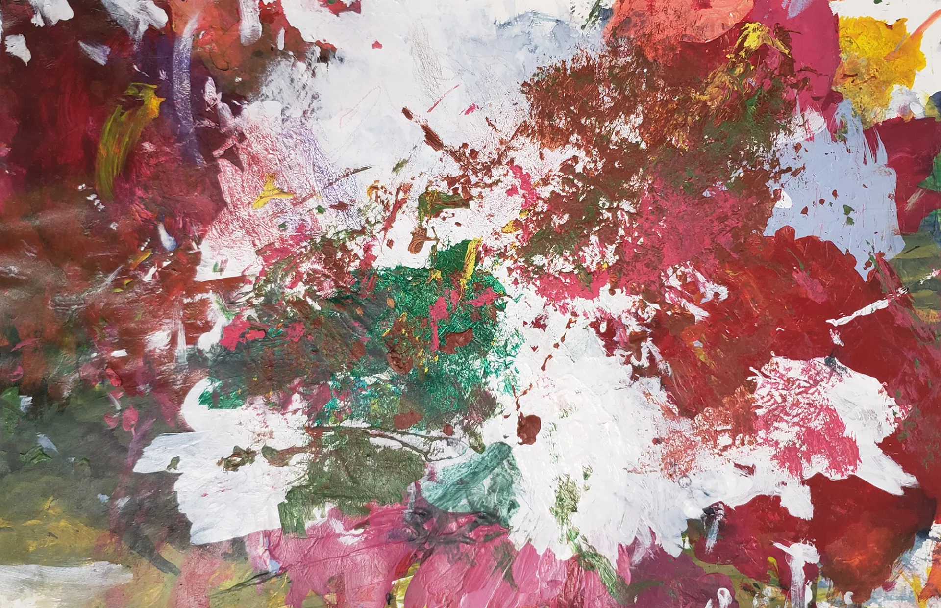 Narisa Somprasong Untitled, 2021 This is an abstract painting with an interplay of shape and color. Areas of white, red, green, gray, gold and pink jostle against each other. These overlapping colors create a variety of textures and shapes. This composition is a record of the painter’s energy and control. Mixed media on paper, 12” x 18”