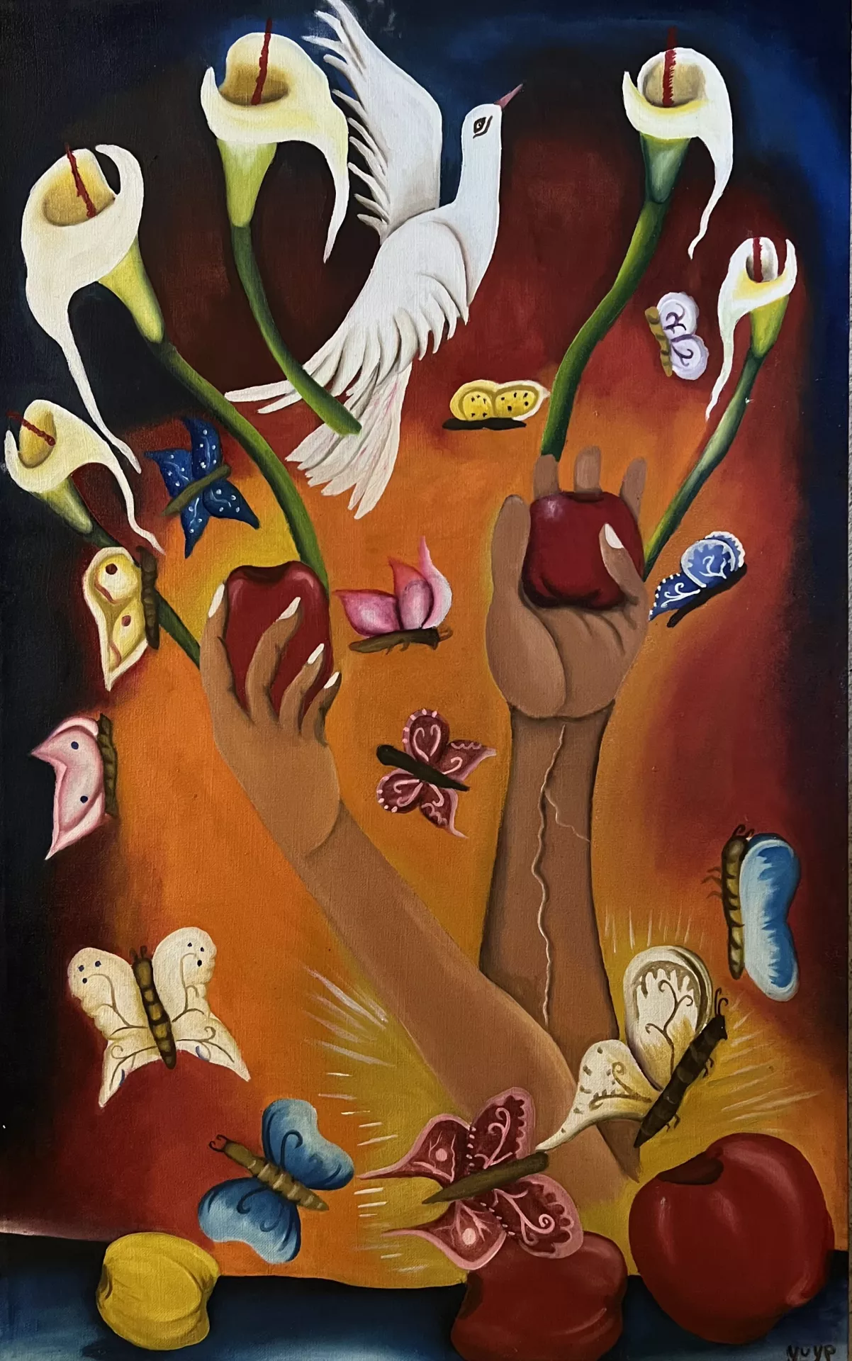 Santa Obdulia Hernandez Manos de Libertad (Hands of Liberty), 2022 Oils on canvas. Size: 20”x30” The artist describes the piece as forgetting her limitation and becoming as free as the wind. Two brown feminine arms burst from golden rays and they are reaching up holding red apples. From behind the apples green stems become white calla lilies. A white dove flies straight up a different types of colored butterflies flutter about the scene.