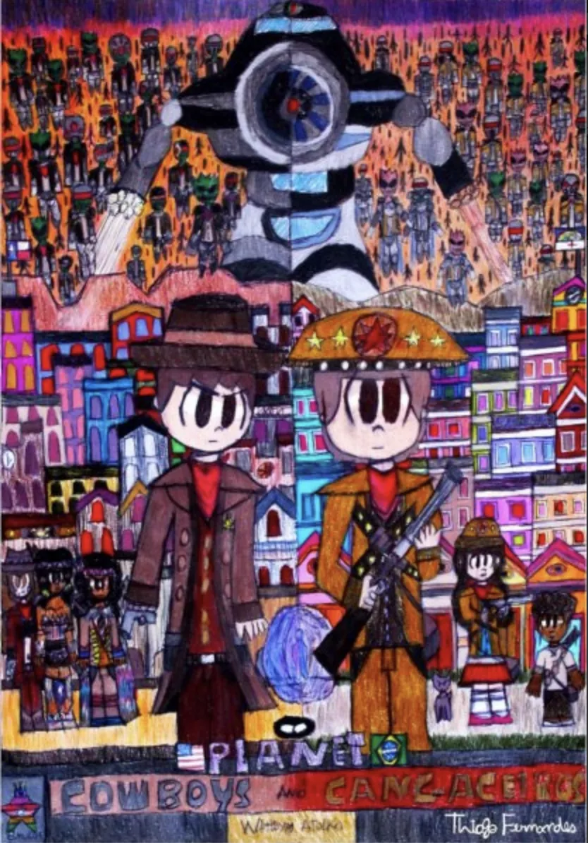 Thiago Santos Life Animation, 2019  The artist says that the piece represents how he sees the world. Two animated cowboys are at the forefront of a very busy scene in which they are flanked by other supporting western figures. A dense and colorful cityscape is immediately behind them. Above the city horizon is a massive robot with a legion of figures in a yellow field.
