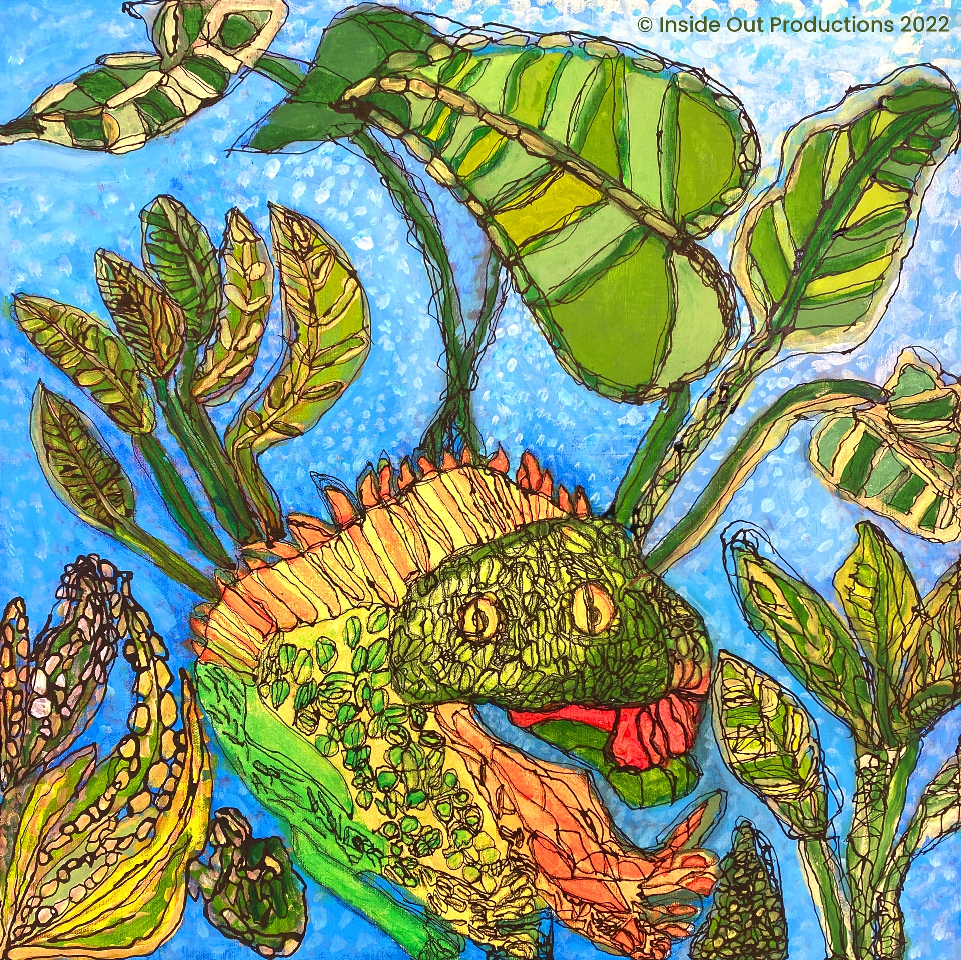 Acrylic paint and black ink depicts leaves and botanical shapes of various greens and yellows. They appear to be growing upwards against a blue background. In the center, there is a reptilian creature that is camouflaged with the plants around it.