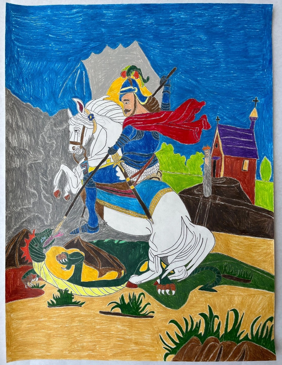 Riding on a white horse the armored knight holds a jousting stick across his body. He wears a cape, boots and ornamental helmet. He is about to slay a winged dragon beast–green with yellow underside and a red crest on head–which lies beneath the horse while twisting upward to face the knight. In the distance appears a man in a silver gown and crown praying in front of a small church. A lush green landscape and blue sky complete the background.