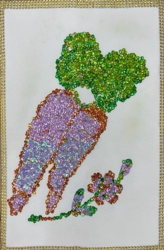 A white vertical rectangle of canvas is back embroidered with a triple layer of gold sequins frames two brightly illustrated carrots of shiny green, orange, and lavender sequins, which rise above a tiny flower of the same color scheme at a 45-degree angle.