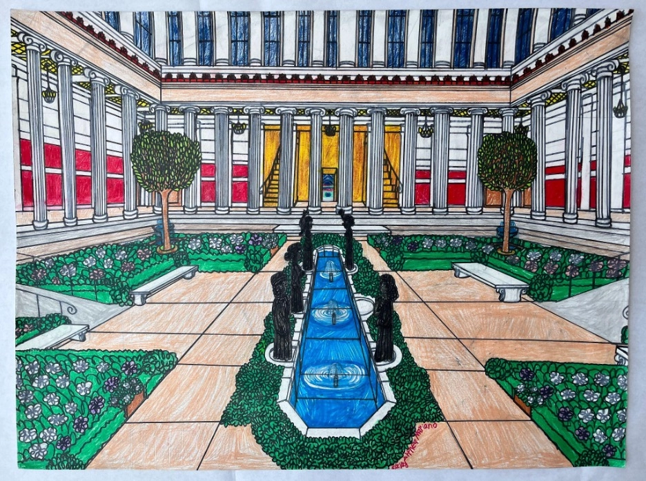 This is a representation of the courtyard at the Getty Villa, with its gardens and surrounding buildings with pillars. The scene is rendered with symmetry and precision. The columns recede down each side in perspective and flank the courtyard with grand architecture and windows. In the center of the courtyard sits the fountain with its blue pool, bounded by walkways, benches, and areas of grass, shrubbery and flowers.