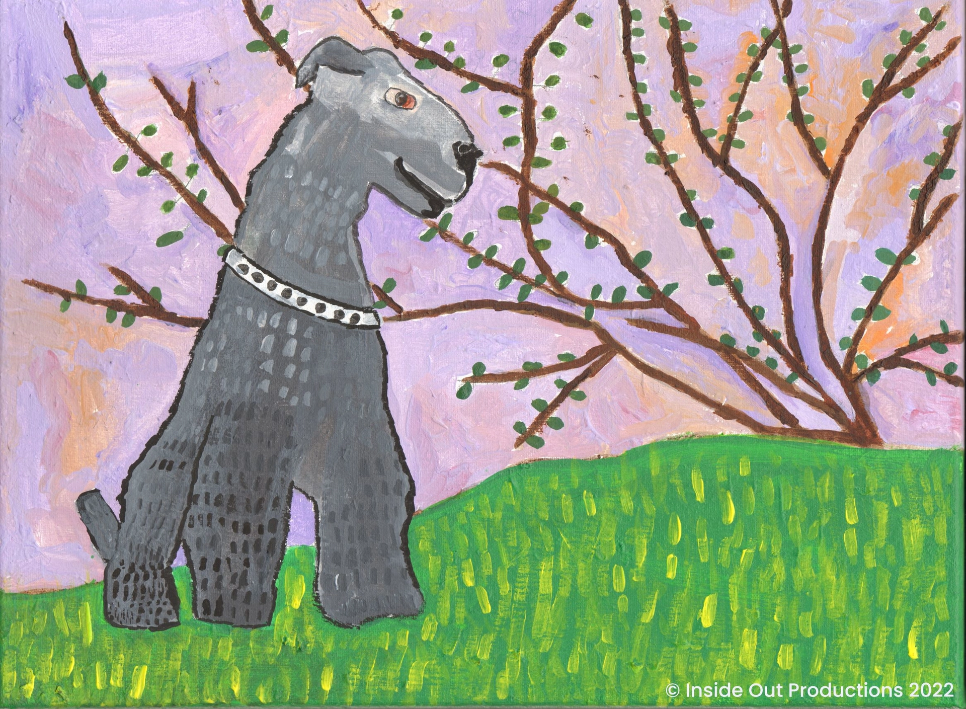 There is a tree with leaves, grass, and a gray dog named O’Malley is wearing a white collar. There are yellow highlights in the grass. It is morning, and the sky is painted in blues, purples, pinks, and oranges.