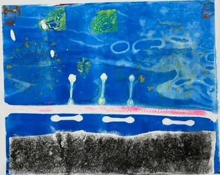 This horizontal abstract landscape comprises mainly light to medium blues. A hot pink spotted line divides the lower third of the print. There are three vertical white Q-Tip shapes on top of the pink line and three of the same shapes perpendicular to them. A charcoal shape at the bottom grounds the piece like distant hills in the background. There are a few spots of yellow-green shapes at the top left and loose ghostly lines of yellow fade in and out on the right and left.