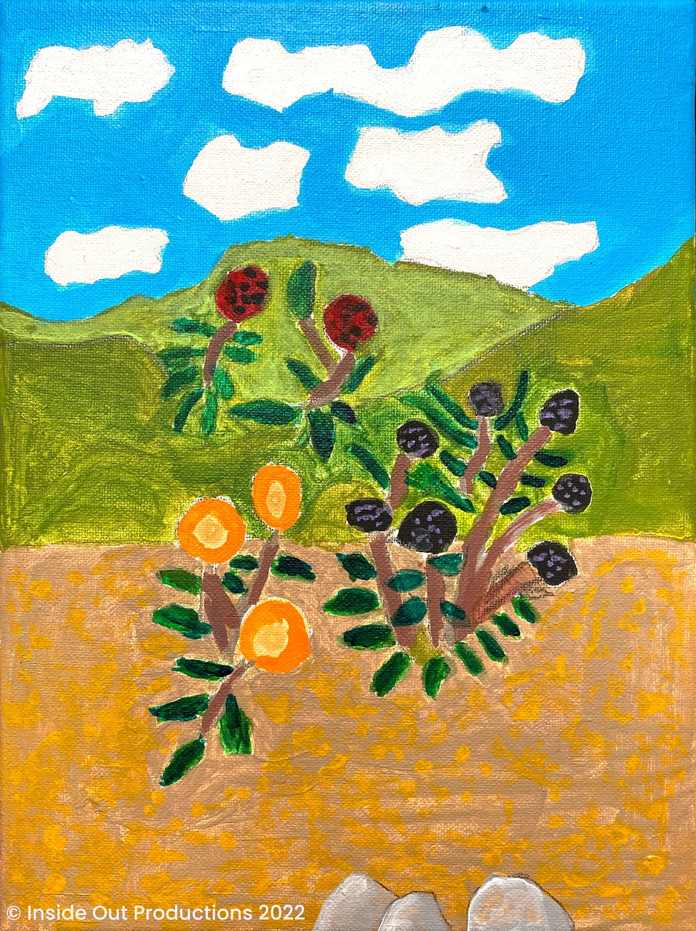 A Hawaiian landscape with a blue sky, clouds, and green grassy mountains in the distance. In the center are raspberries and blueberries growing out of a brown, rocky terrain.