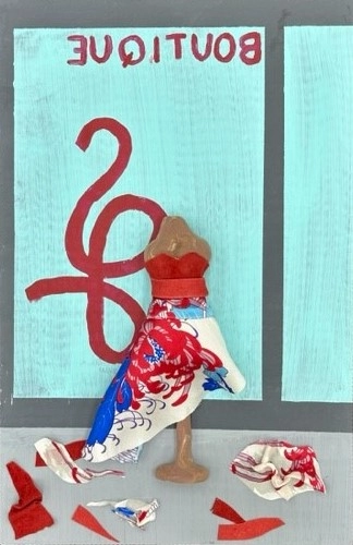 In an imaginary space a mannequin dress form is wearing a white, blue, and red floral-patterned dress that is being tailored; clippings of the fabric lay on the floor below. Large turquoise glass panes are in the background, and the word “BOUTIQUE” is read backward in bold red letters above a large red ampersands symbol.