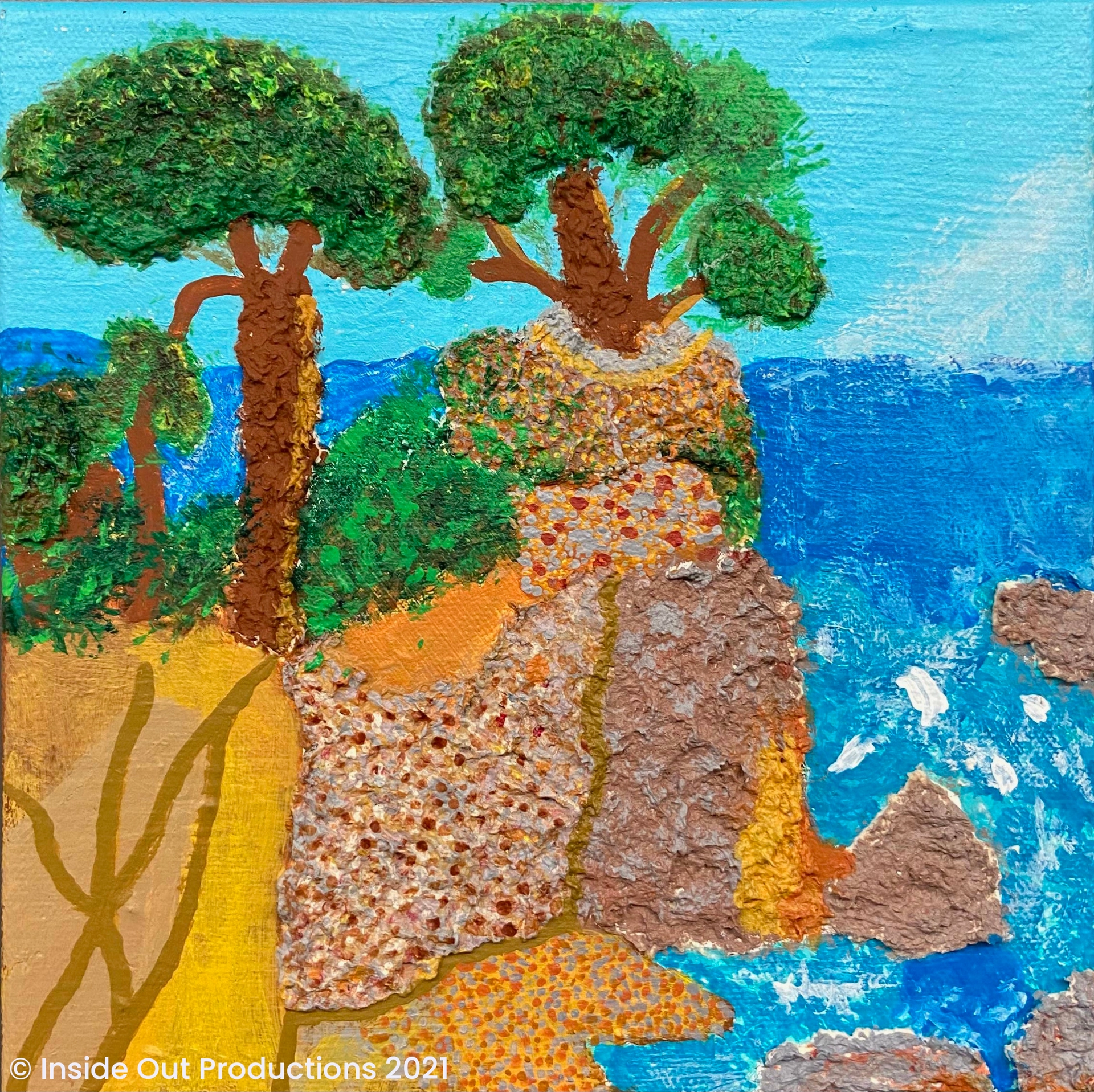 There are two trees on a cliff overlooking a blue ocean. The trees and the rocks along the cliffside are built up to create a three-dimensional texture on the canvas.