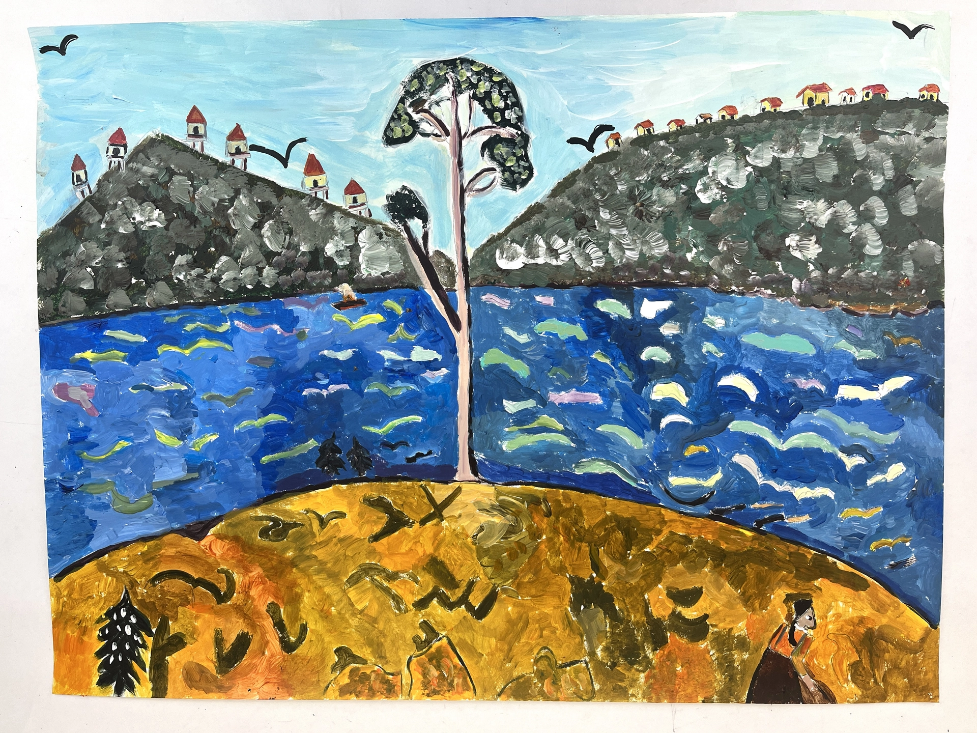 An acrylic painting of an idyllic scene of birds that hover in a soft blue sky, houses dot the tops of paint-daubed mountains, a deep blue body of water ripples with multicolored bands, while in the foreground, a woman traverses an earthy yellow mound and a tree stands tall through the center of scene, tying it all together.