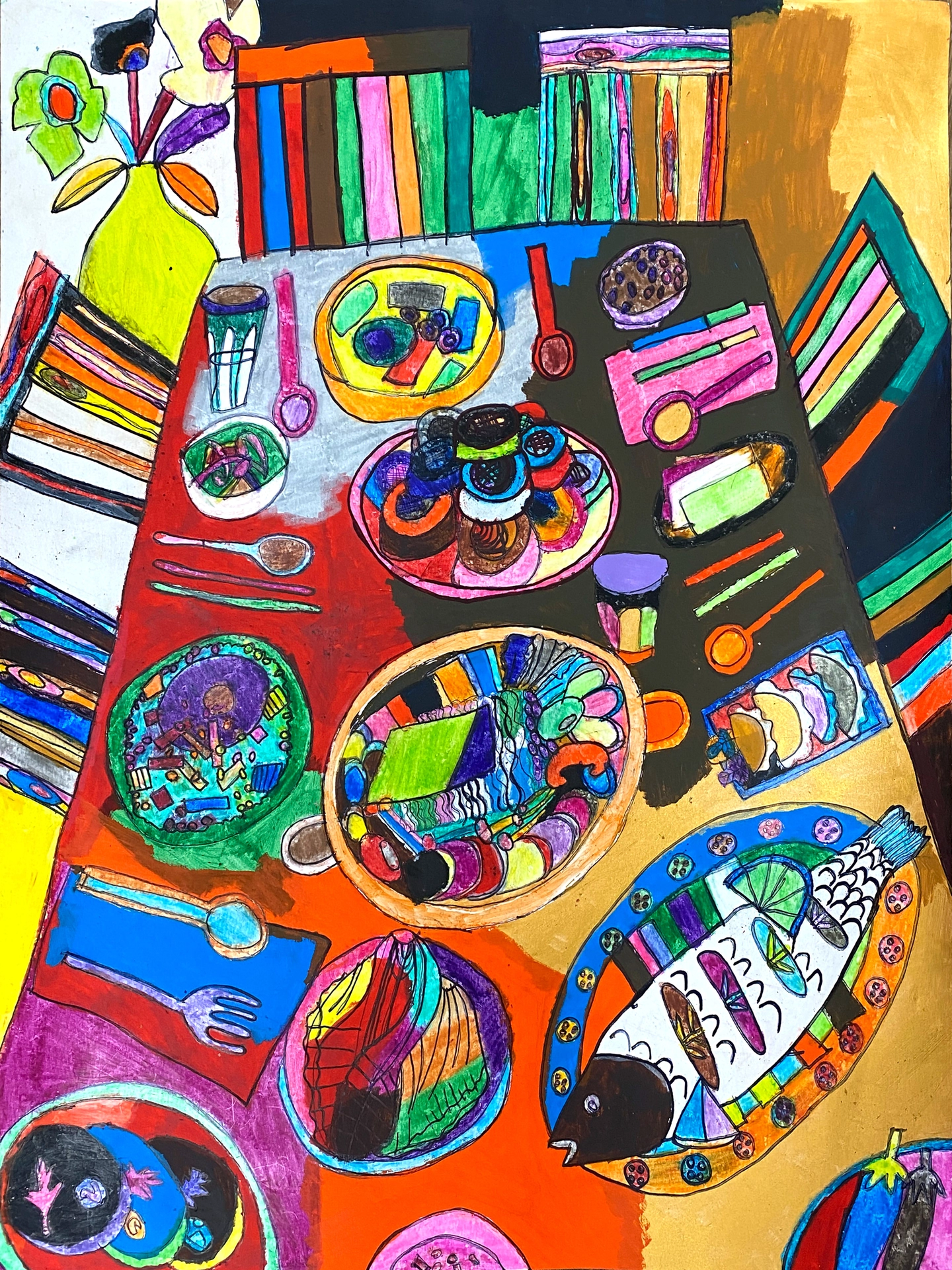 A dining table with Korean dishes, blending traditional and modern styles. The vivid, patchwork coloring, made with crayons and paint markers, reflects the artist's personal connection to these meals.